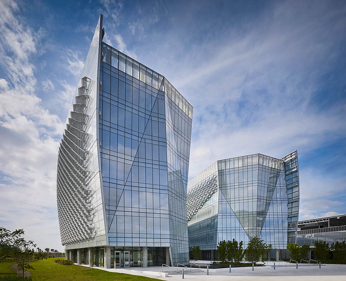 A large glass building.